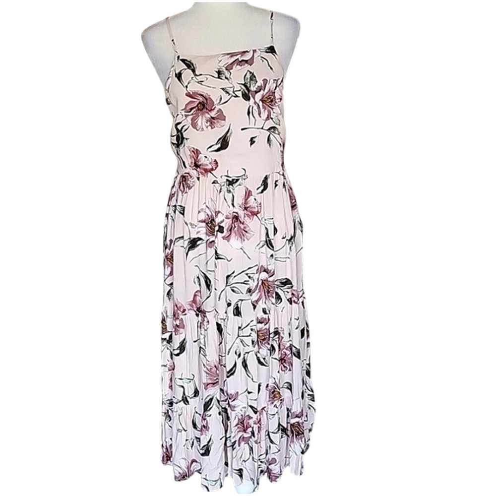 Xhilaration NWOT Pink Floral Tiered Midi Dress Lace Up Back Large Cottage Boho